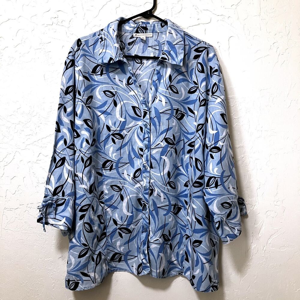 JM Collection Woman Linen Button Front Shirt Blue Leaf Print 3/4 Sleeve Plus 24W